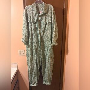 Yvonne S. mint & brown geometric printed linen jumpsuit